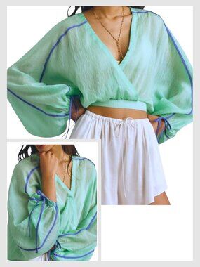 Anthropologie Long Sleeve Sheer Blouse Mint Blue Boho L